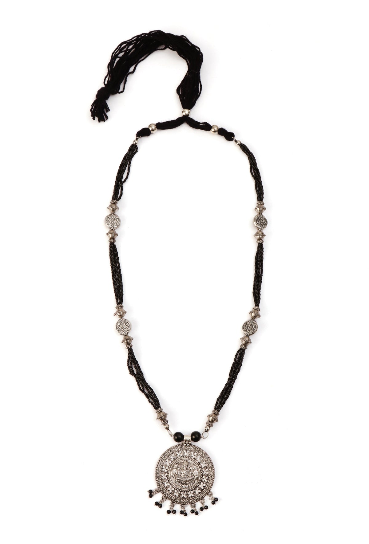 German Silver Lakshmi Pendant Necklace Set With Black Bead Dori & Jhumki