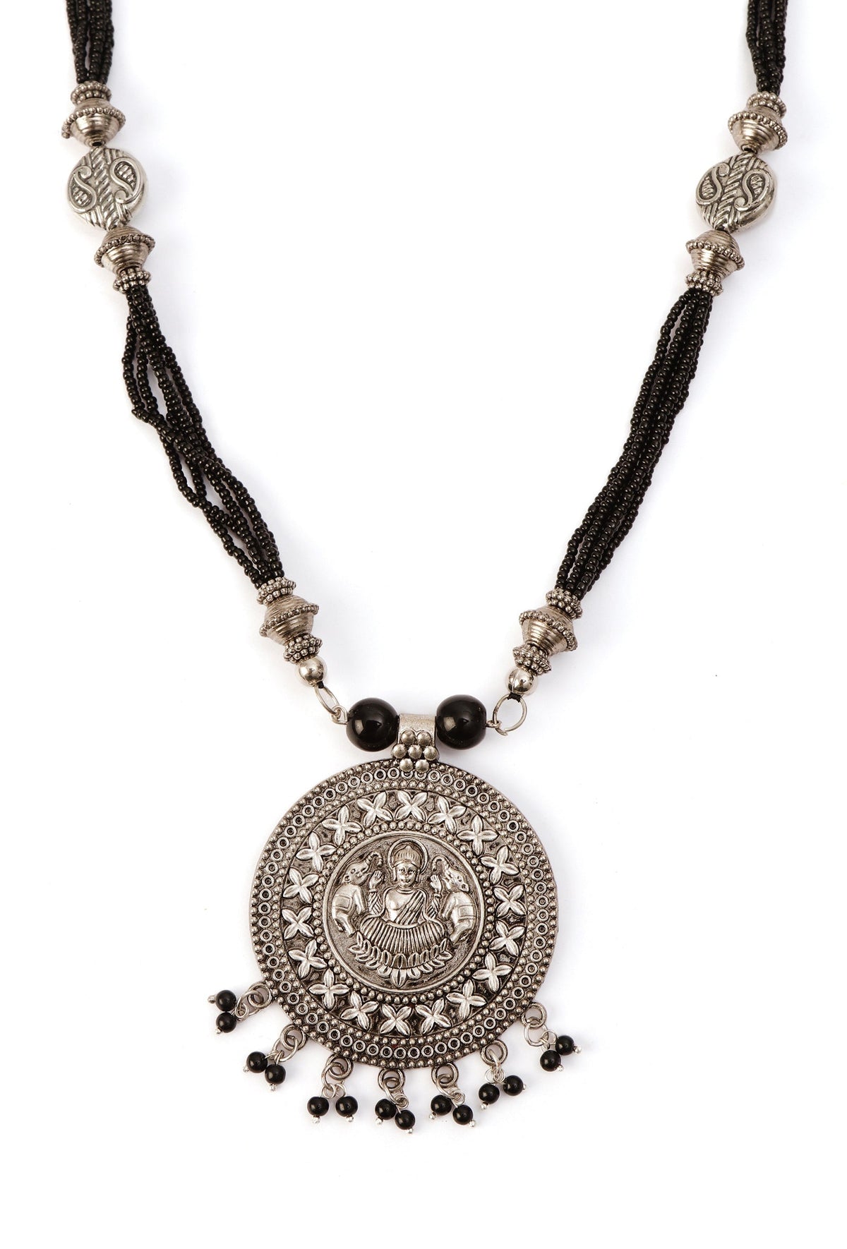 German Silver Lakshmi Pendant Necklace Set With Black Bead Dori & Jhumki