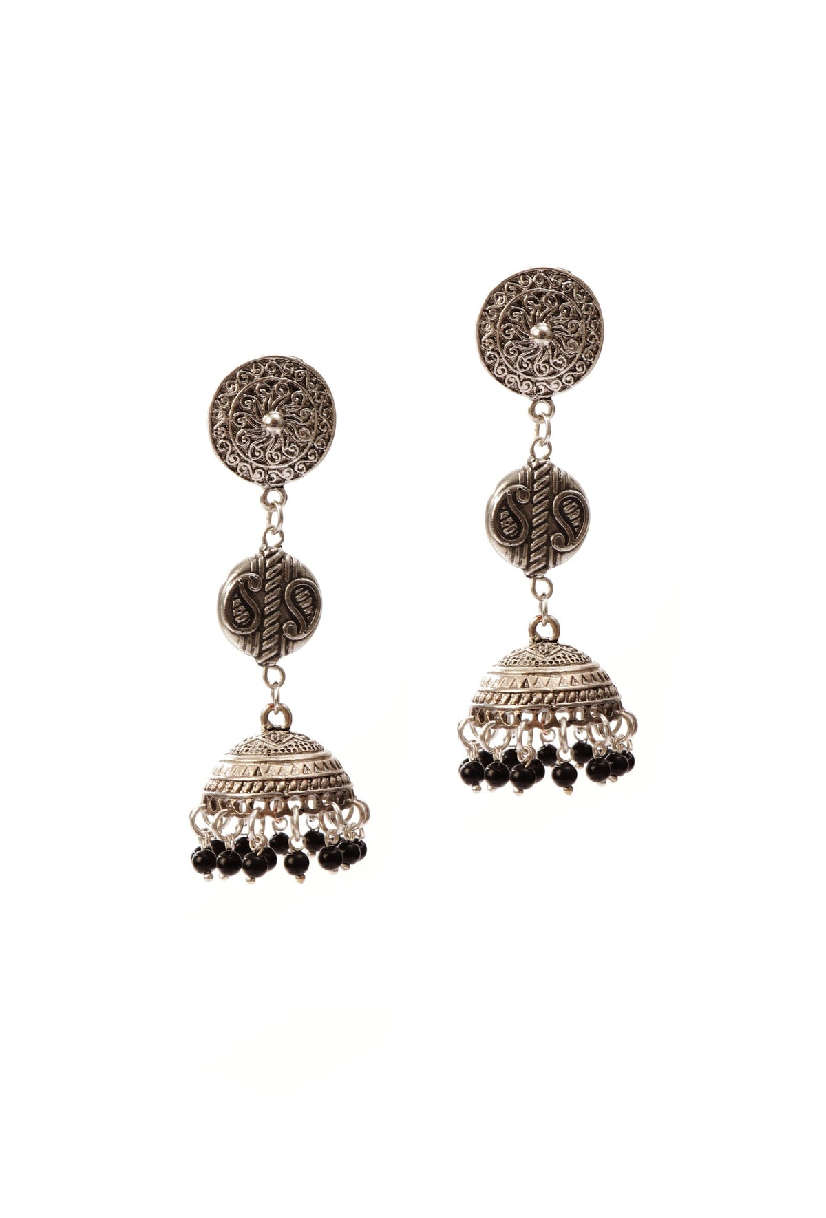 German Silver Lakshmi Pendant Necklace Set With Black Bead Dori & Jhumki