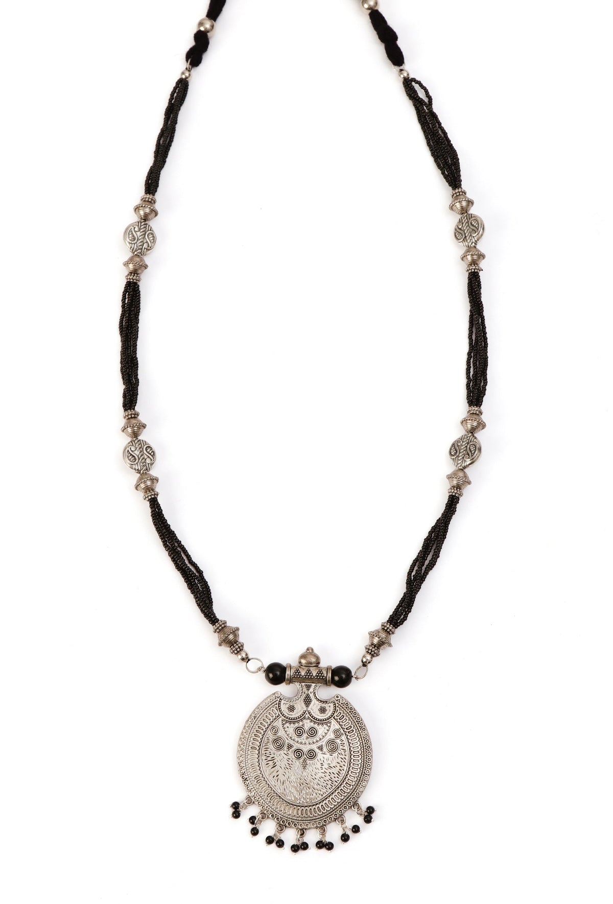German Silver Lightweight Pendant Set Black Bead Dori Necklace & Jhumki Earrings