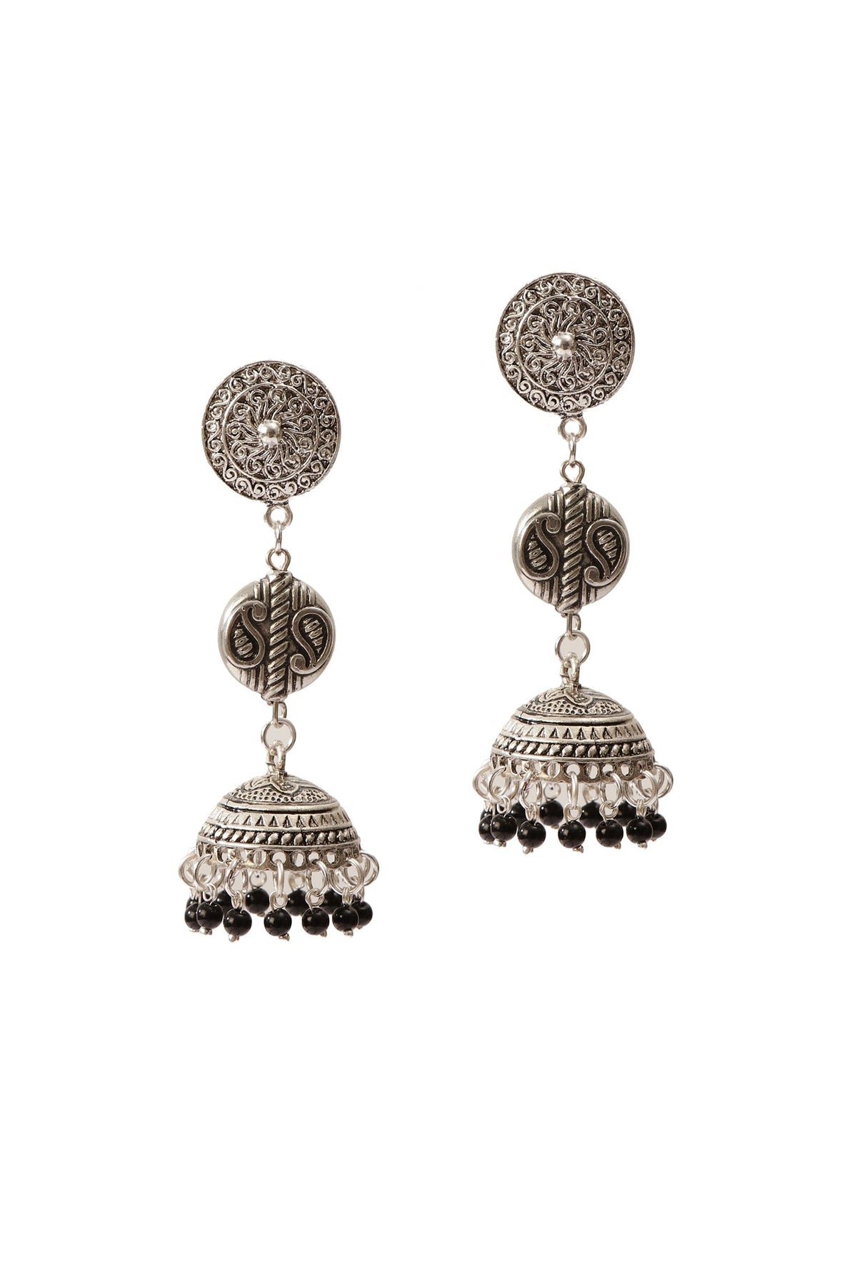 German Silver Lightweight Pendant Set Black Bead Dori Necklace & Jhumki Earrings