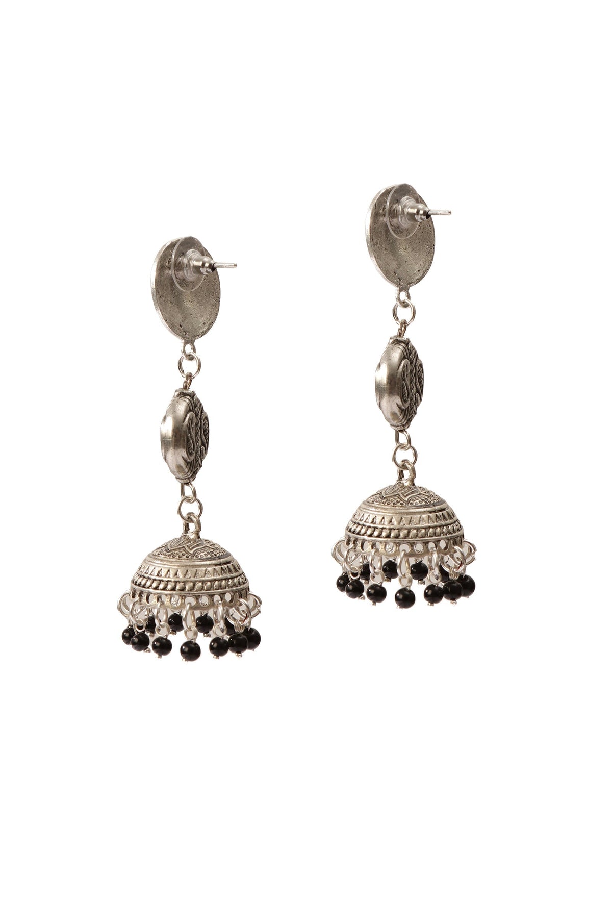 German Silver Lightweight Pendant Set Black Bead Dori Necklace & Jhumki Earrings