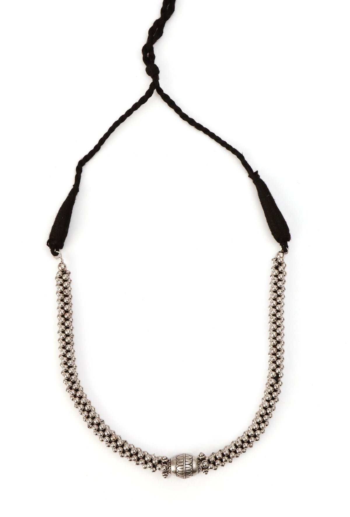 German Silver Dolki Bead Ghunghru Chain With Patua Dori Long Necklace