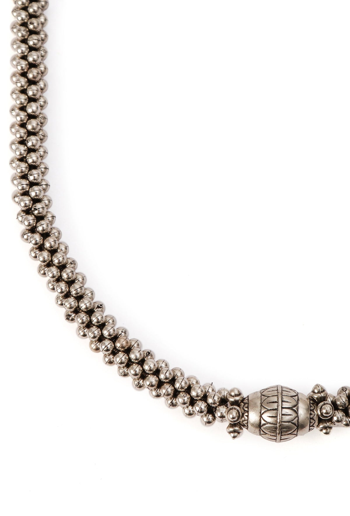 German Silver Dolki Bead Ghunghru Chain With Patua Dori Long Necklace