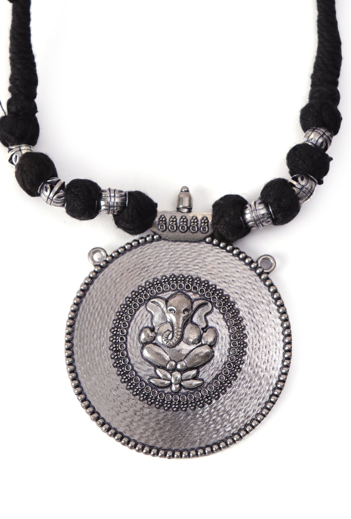Rustic Charm: Ganesha Silver Pendant with Tribal Dori