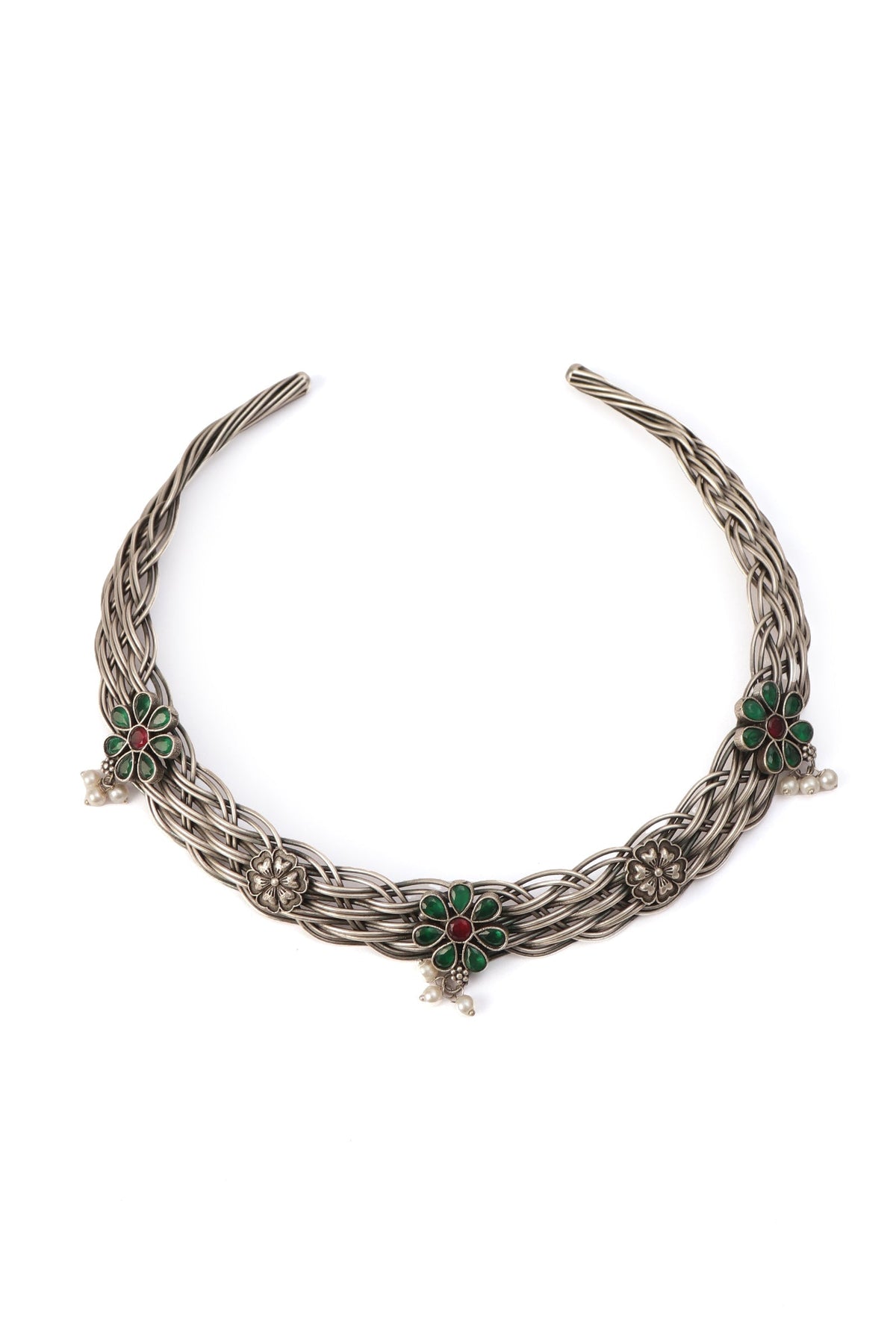 Elegant Green Stone Embellished Hasli And Earring Set