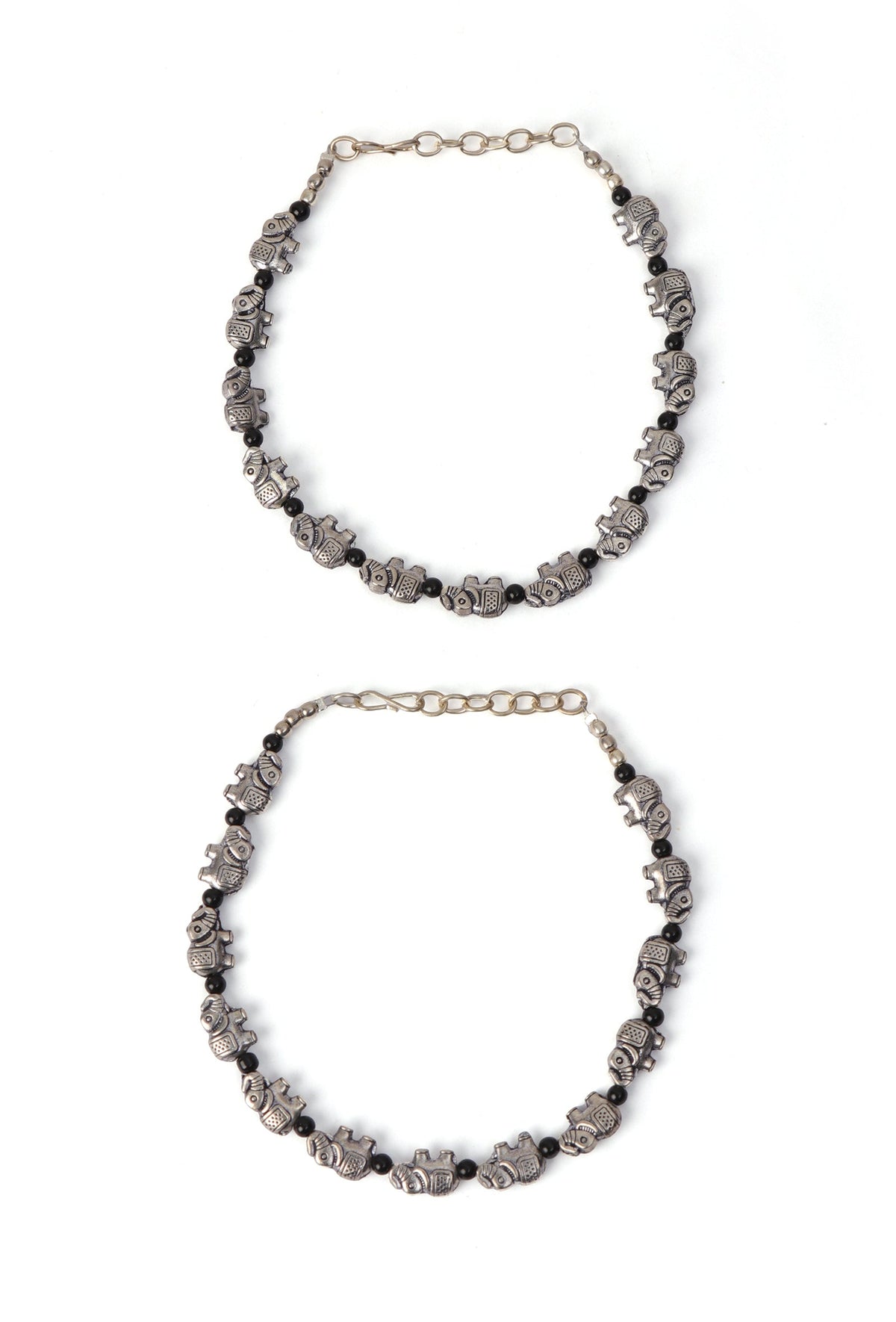 Elephant Charm Black Bead Anklet Set