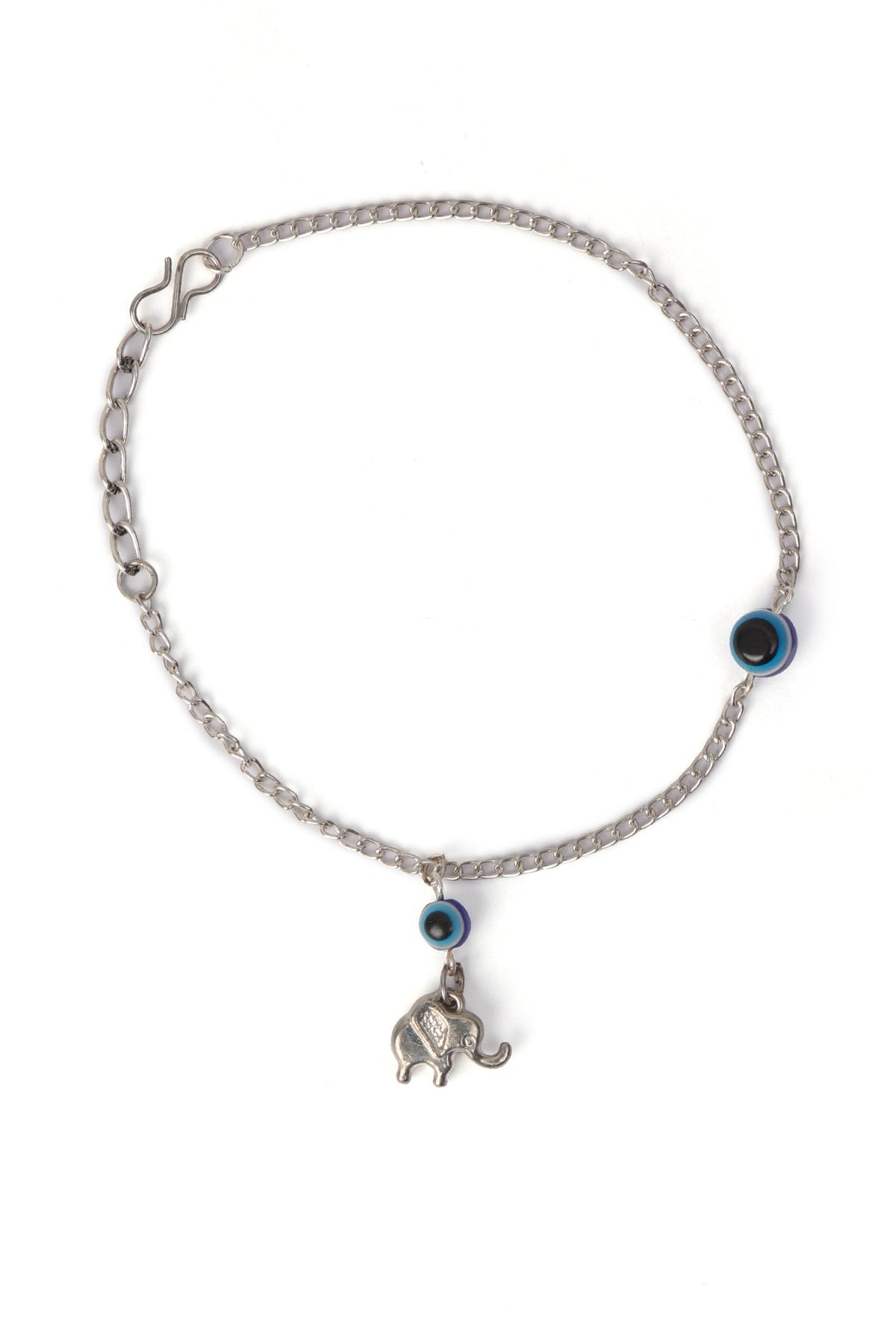 Evil Eye Anklet with Silver Elephant Charm