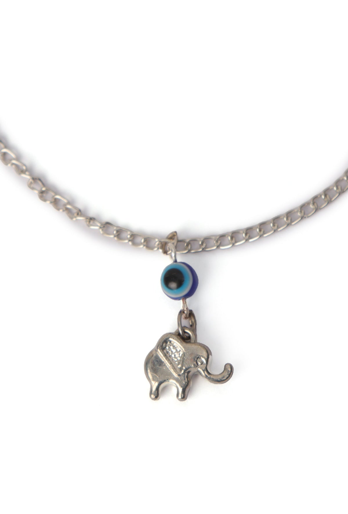 Evil Eye Anklet with Silver Elephant Charm