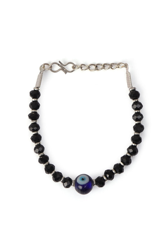 German Silver Evil Eye Bracelet with Black Beads & Adjustable Cord