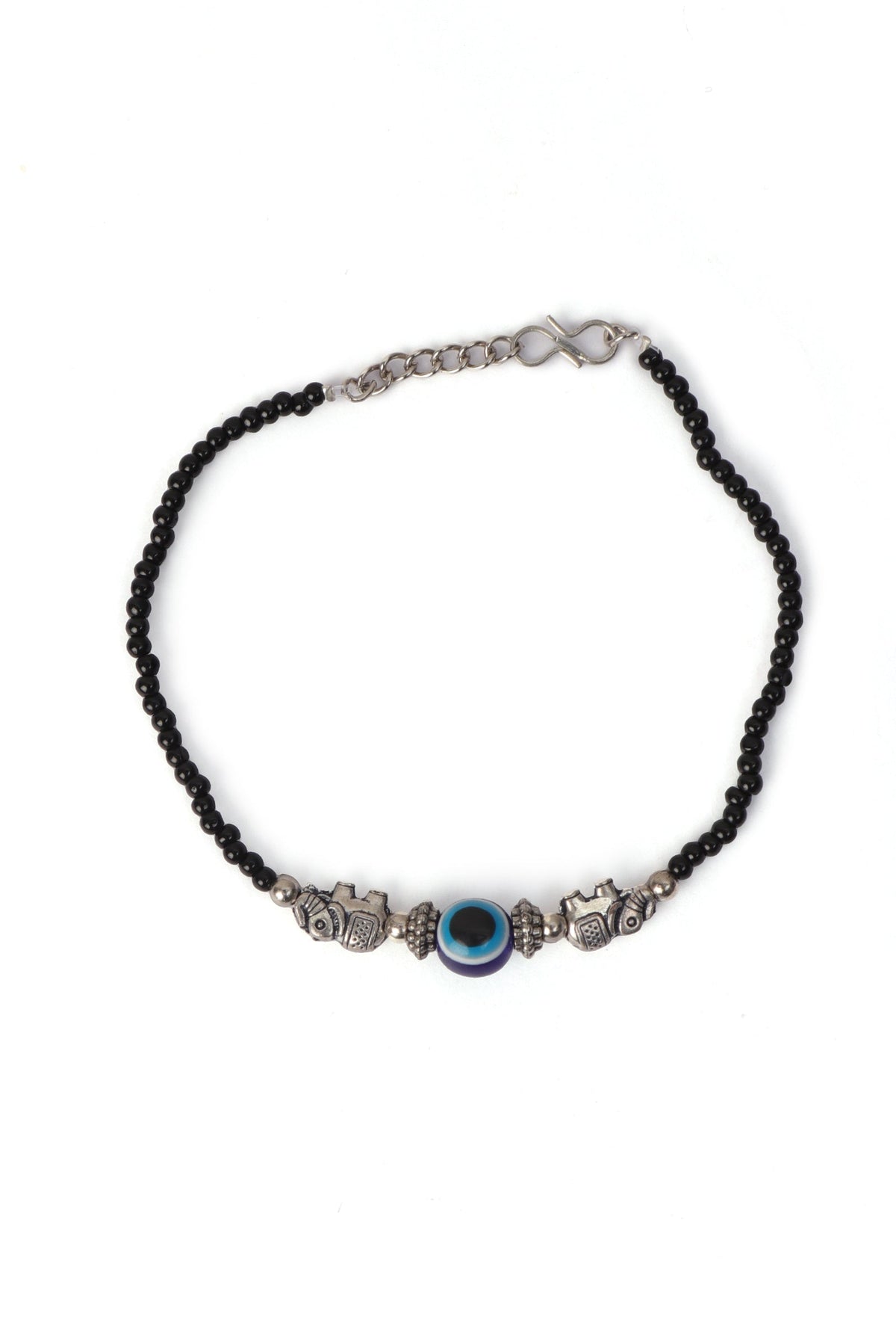 Pair of German Silver Anklets with Elephant Charm, Evil Eye, and Black Beads