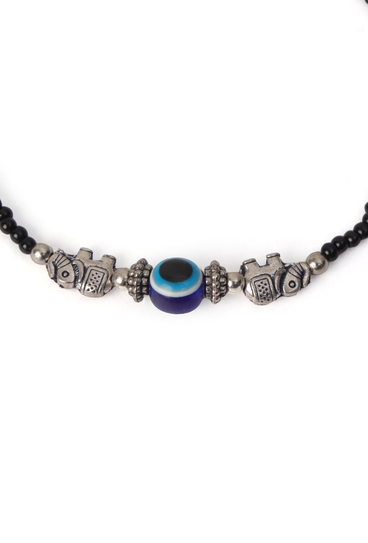 Pair of German Silver Anklets with Elephant Charm, Evil Eye, and Black Beads