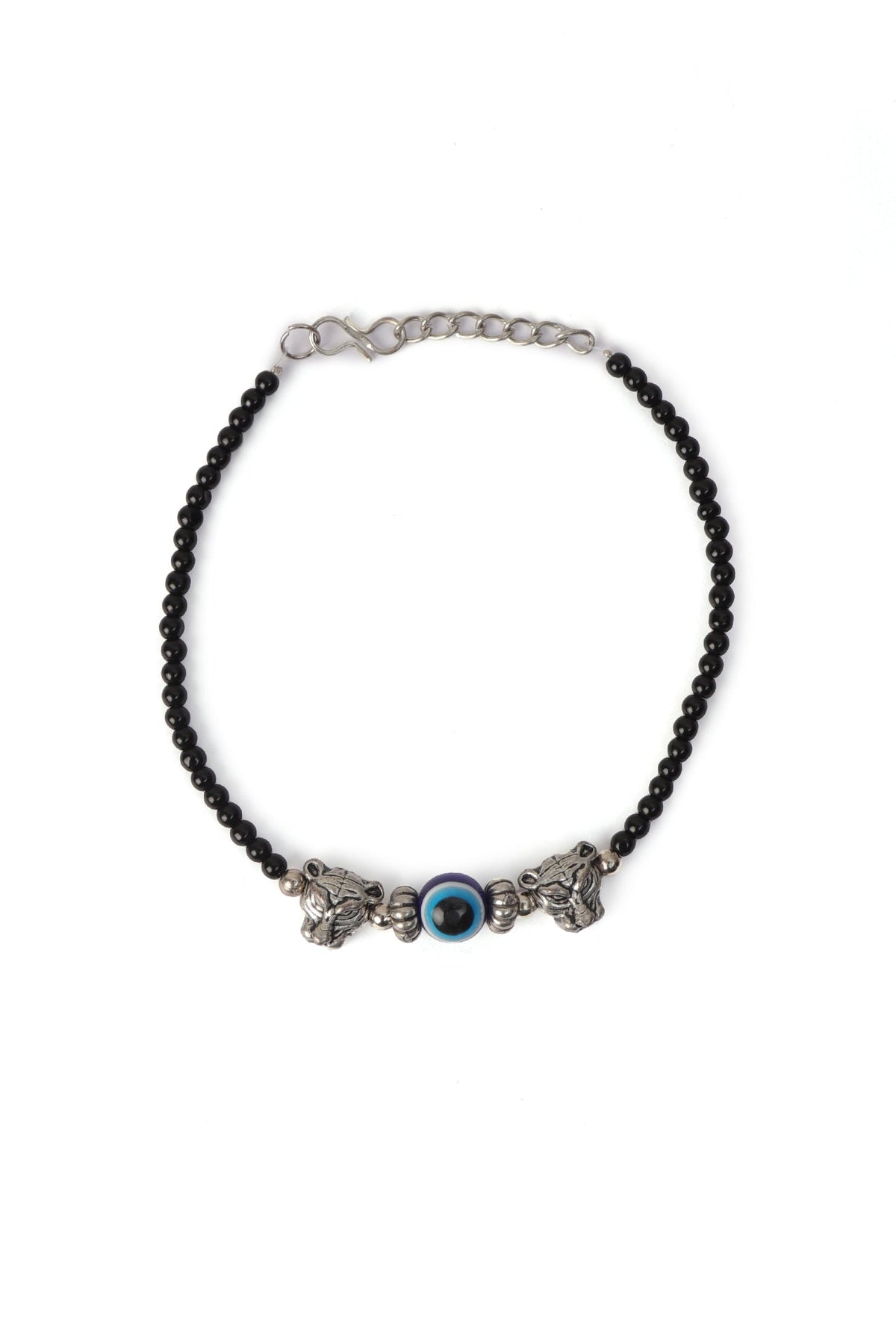 Pair of German Silver Anklets with Lion Charm, Evil Eye, and Black Beads