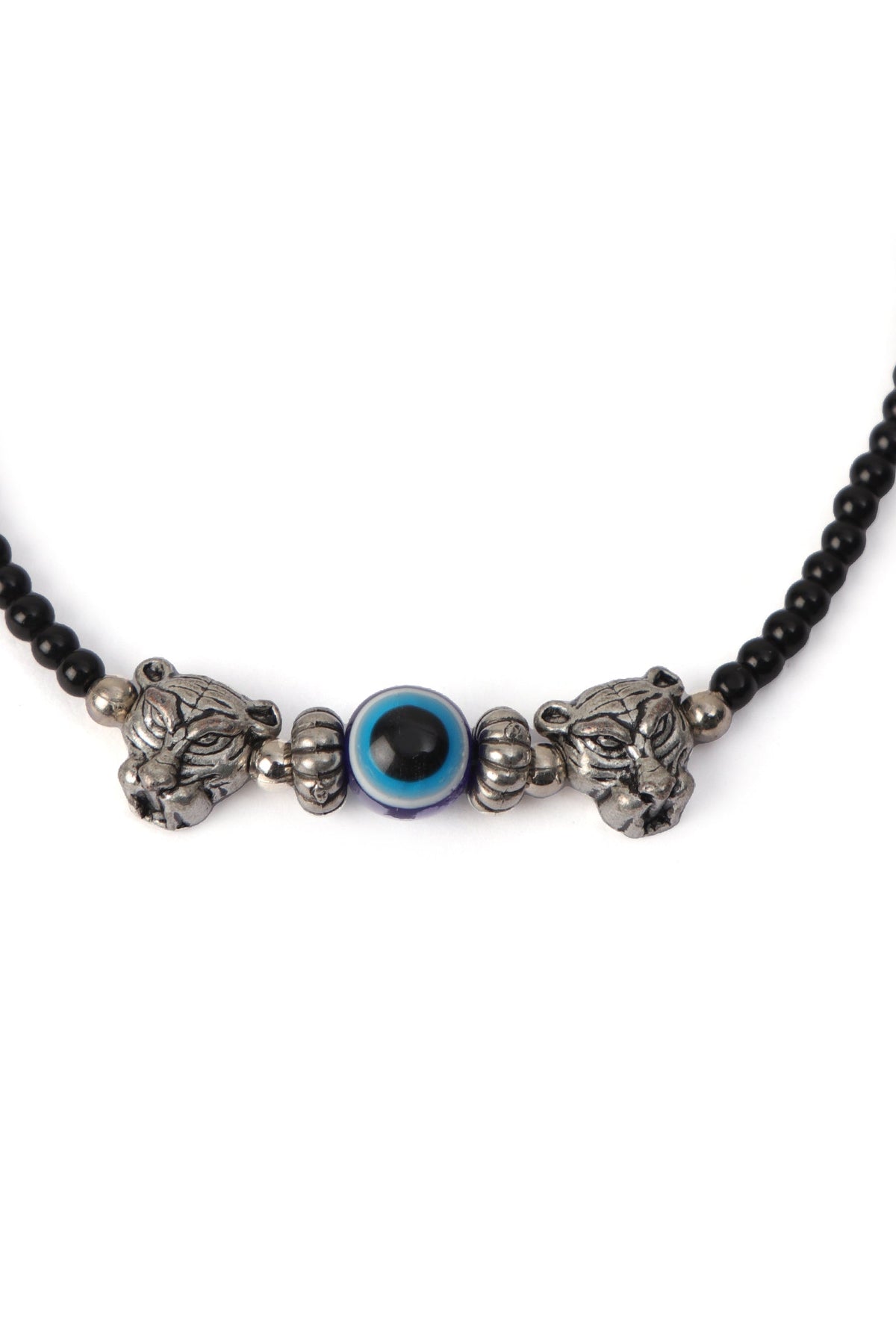 Pair of German Silver Anklets with Lion Charm, Evil Eye, and Black Beads