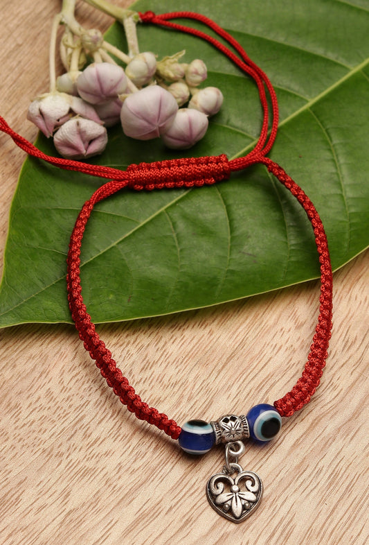 Evil Eye Red Thread Heart Charm Fabric Bracelet Adjustable Cord