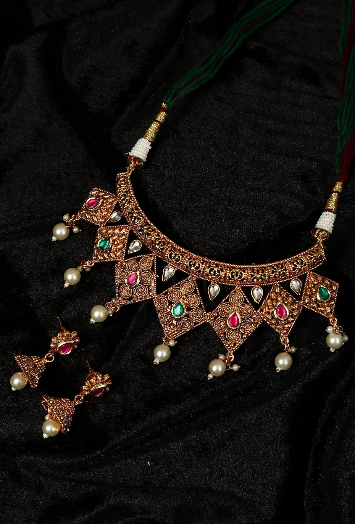 Vedhika Temple Heritage Kemp Necklace Set with Pearls