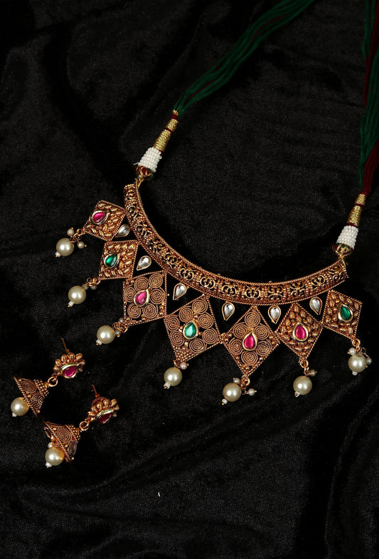 Vedhika Temple Heritage Kemp Necklace Set with Pearls