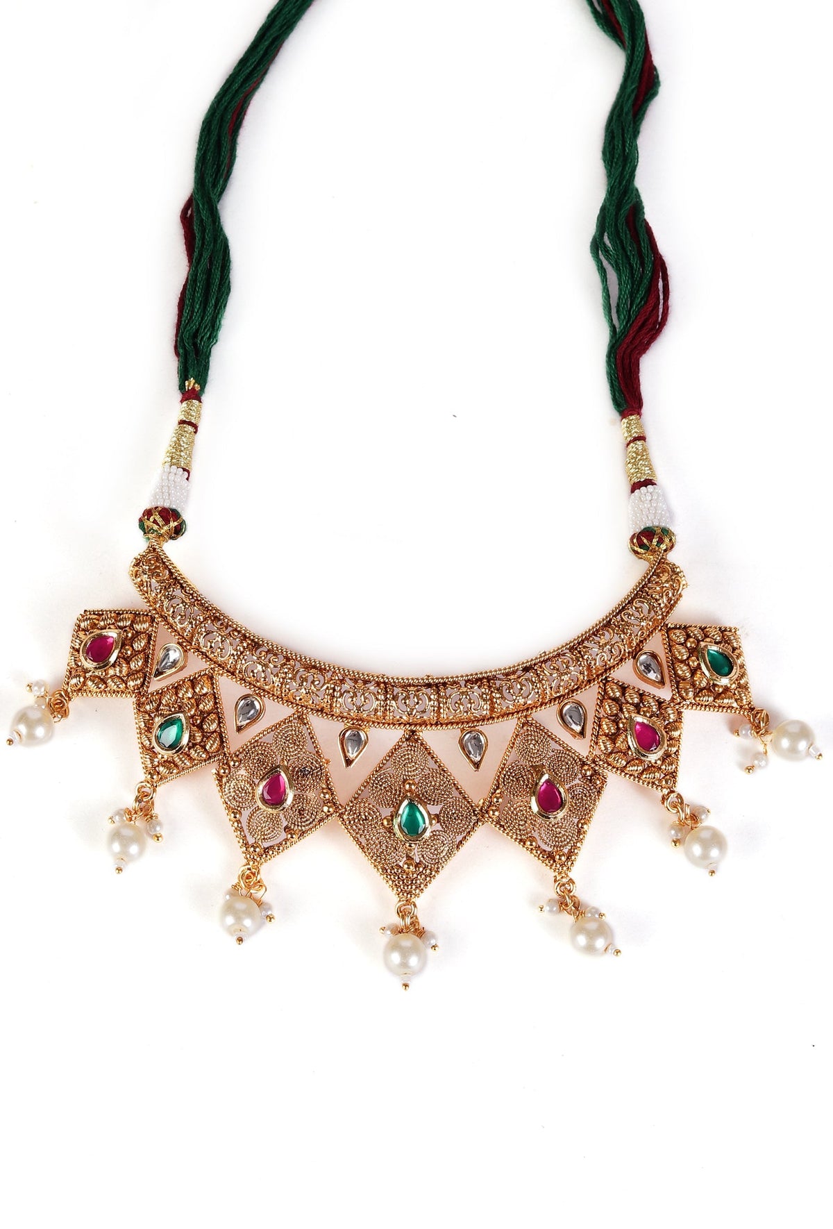 Vedhika Temple Heritage Kemp Necklace Set with Pearls