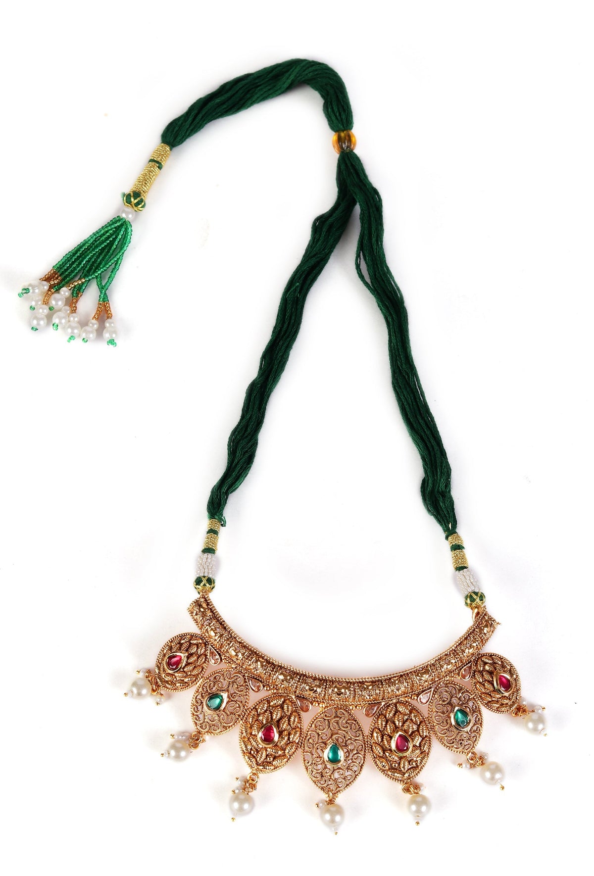 Devika Drape Temple Heritage Kemp Necklace Set with Pearls