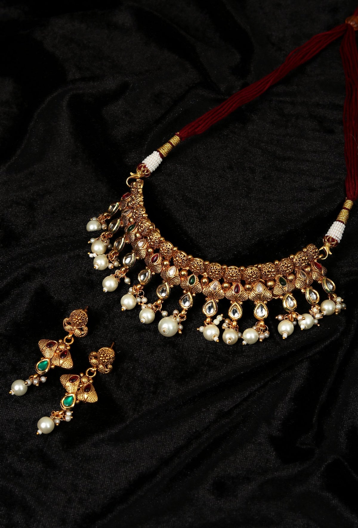 Svarnika Temple Heritage Kemp Necklace Set with Pearls