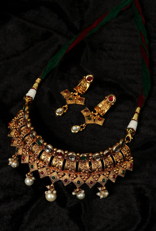 Rajvilas Temple Heritage Kemp Necklace Set with Pearls
