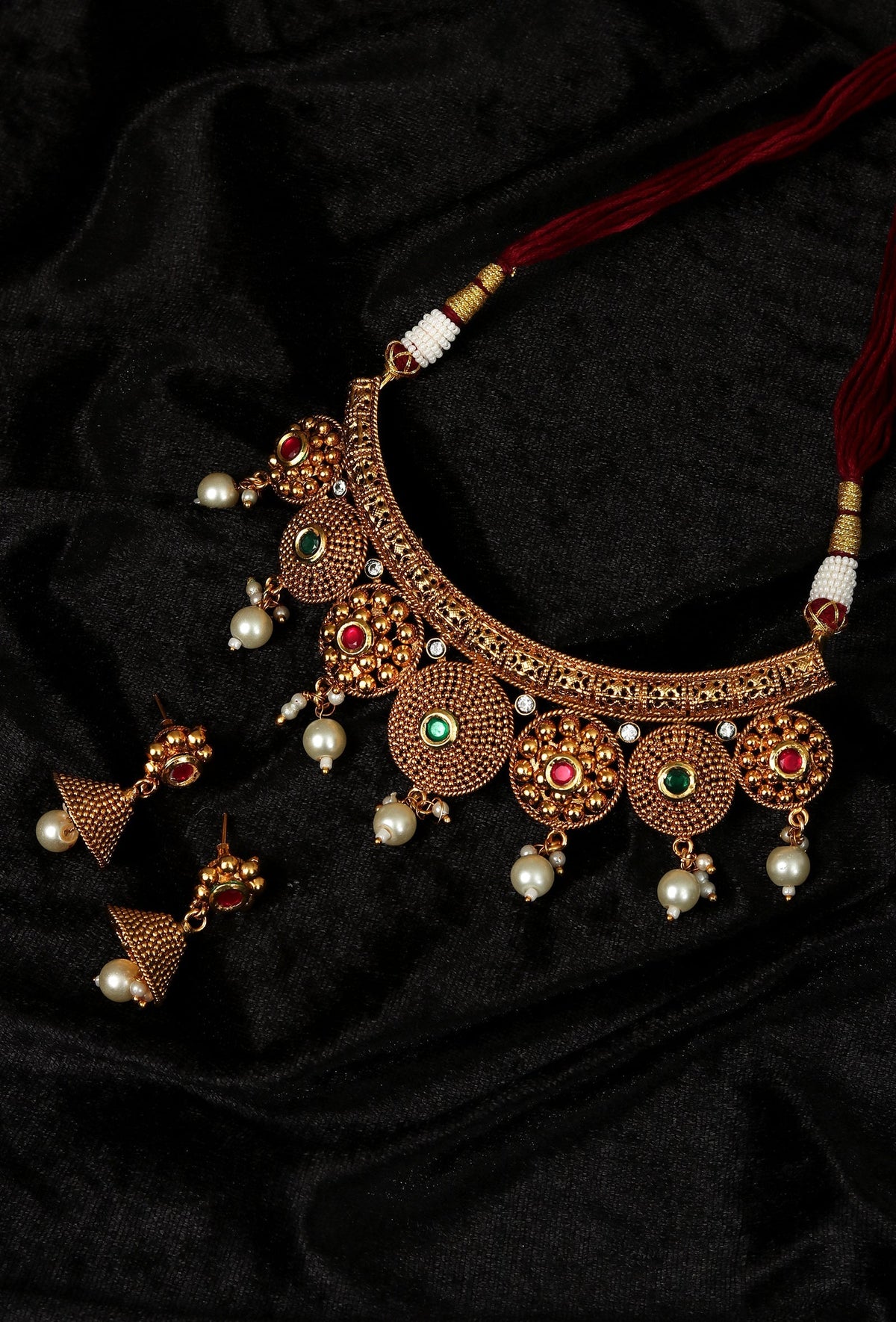 Nayantara Temple Heritage Kemp Necklace Set with Pearls