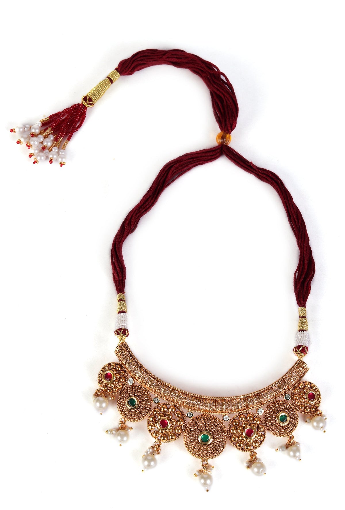Nayantara Temple Heritage Kemp Necklace Set with Pearls
