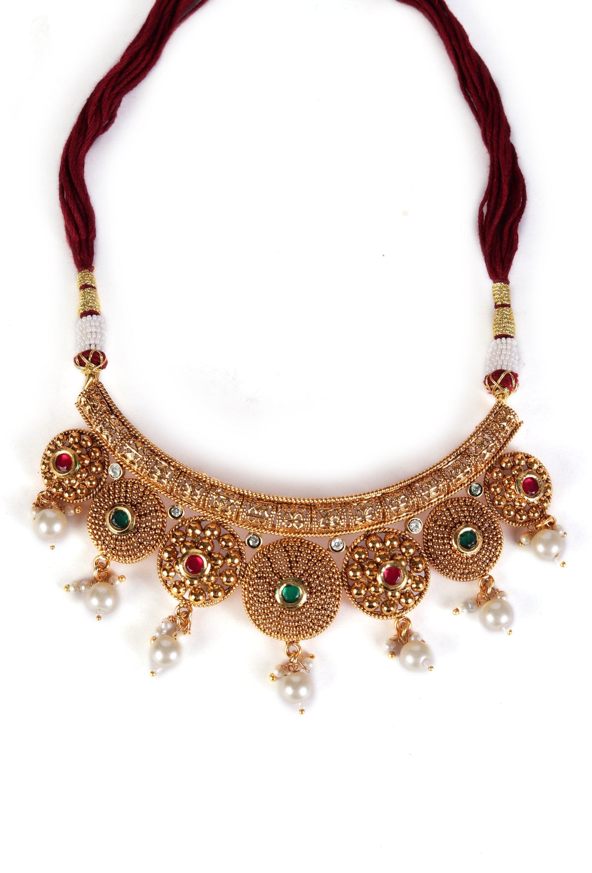Nayantara Temple Heritage Kemp Necklace Set with Pearls