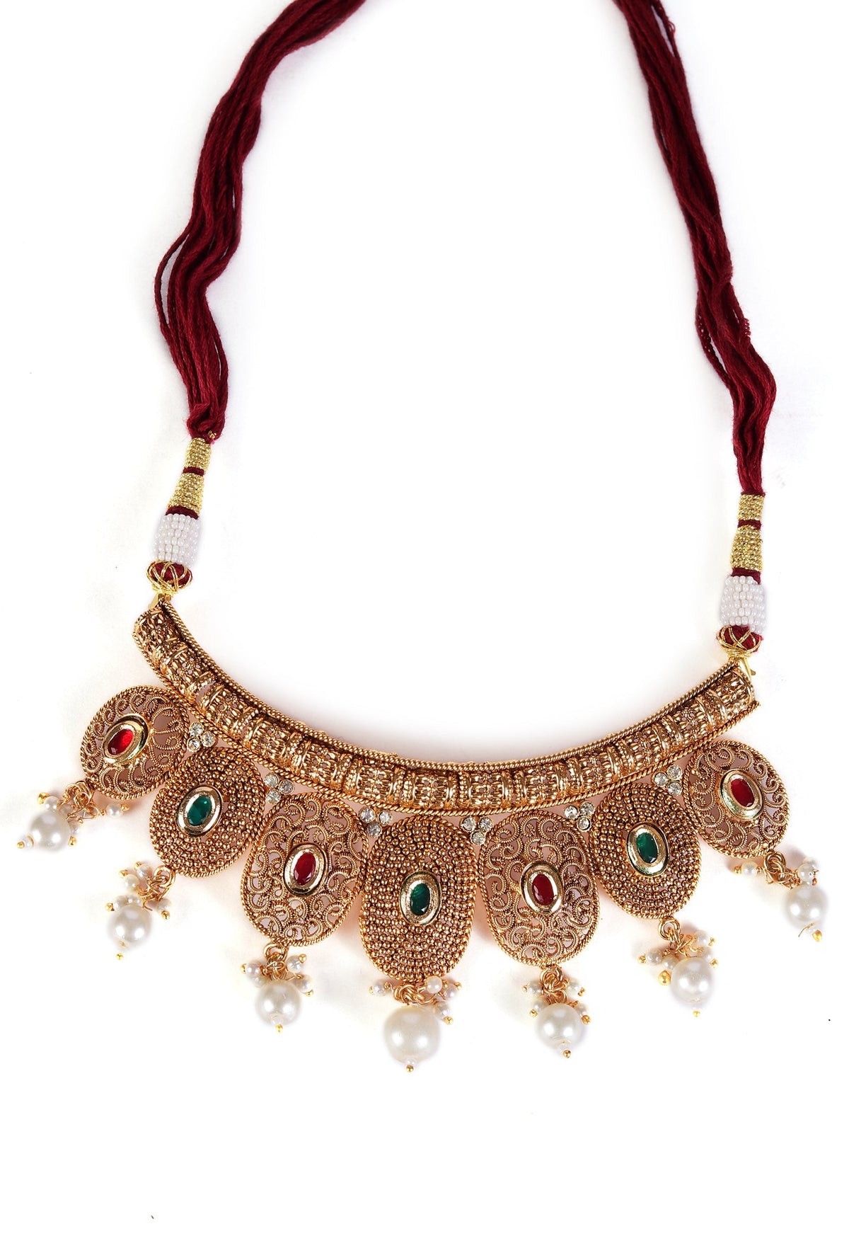 Trishika Temple Heritage Kemp Necklace Set with Pearls