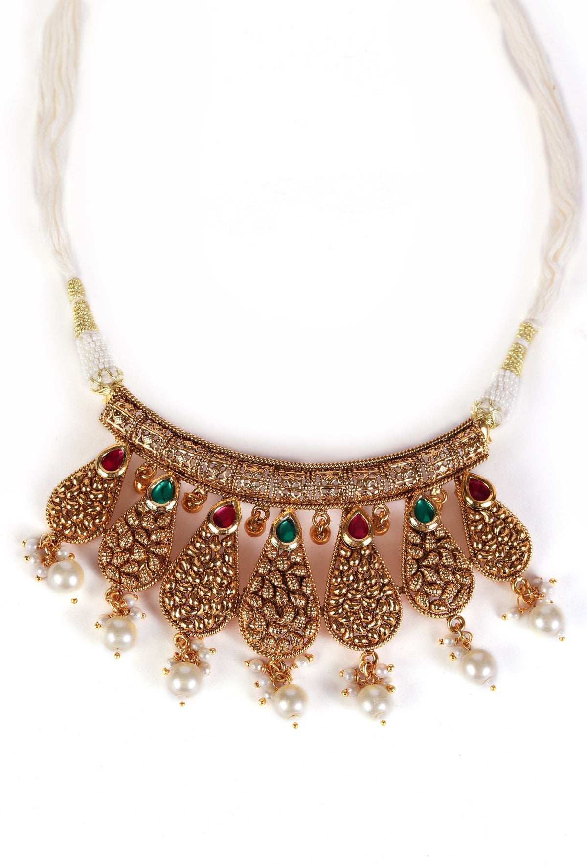 Kanmani Temple Heritage Kemp Necklace Set with Pearls