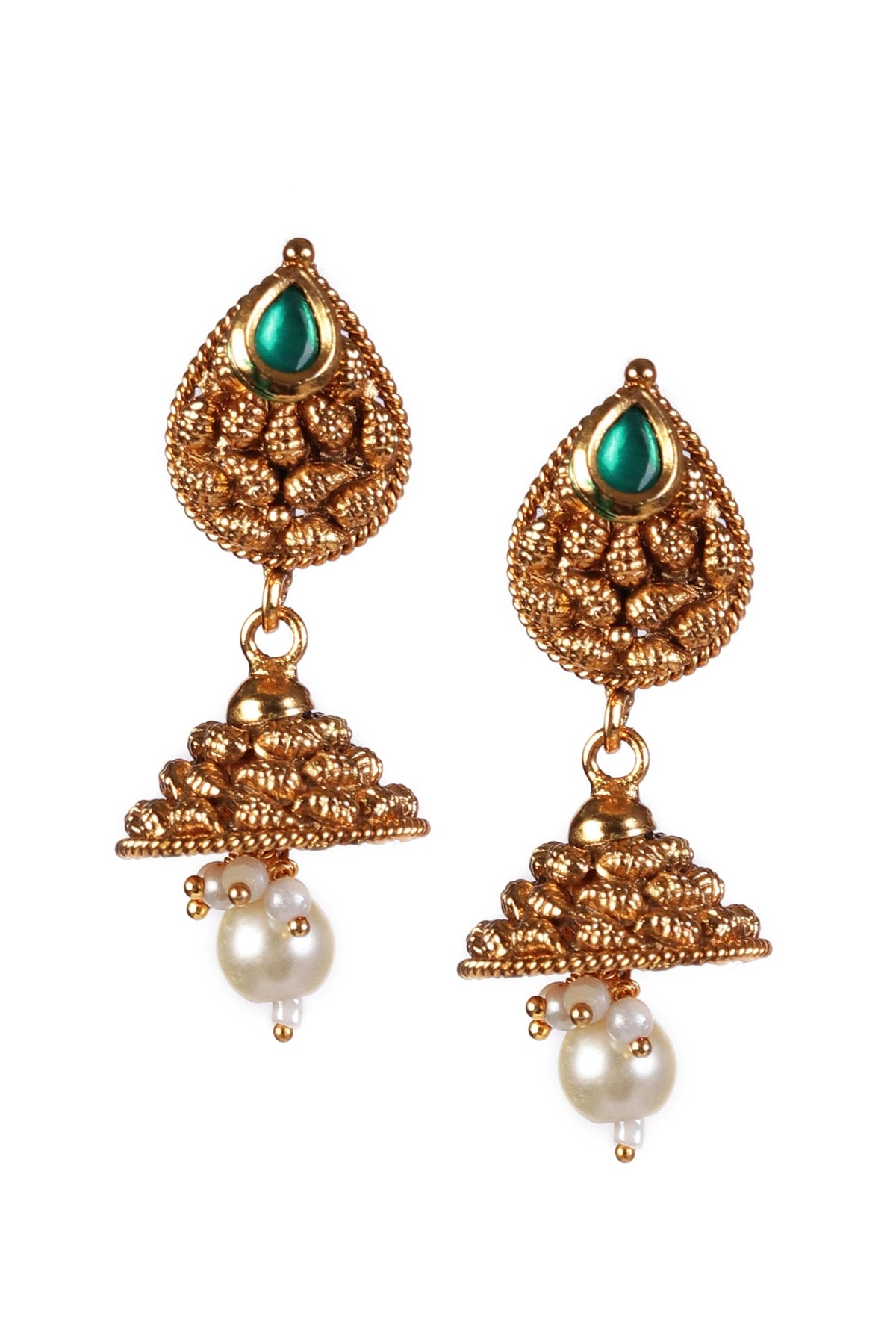Kanmani Temple Heritage Kemp Necklace Set with Pearls
