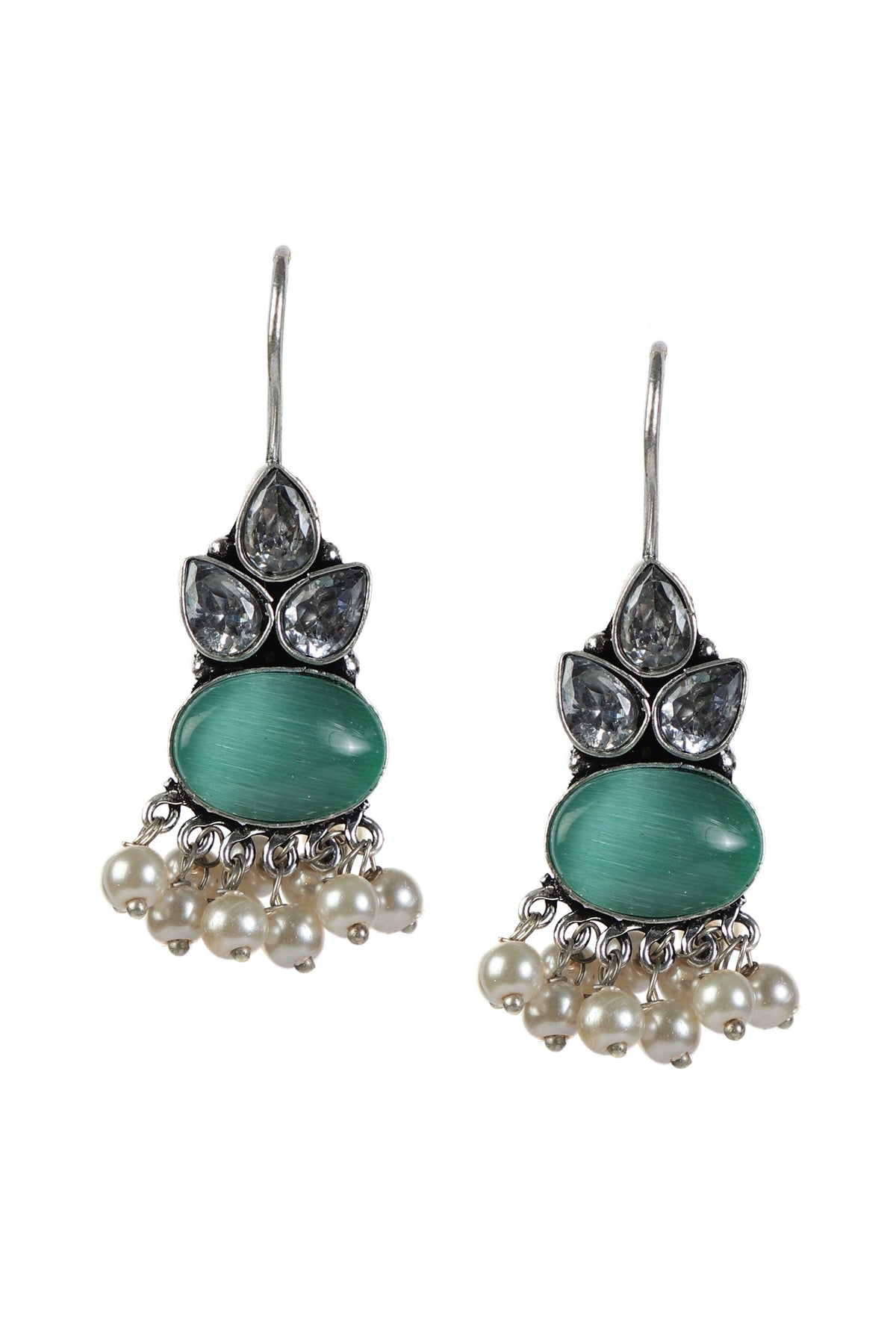 Pearl Cascade with Green Stone Earrings