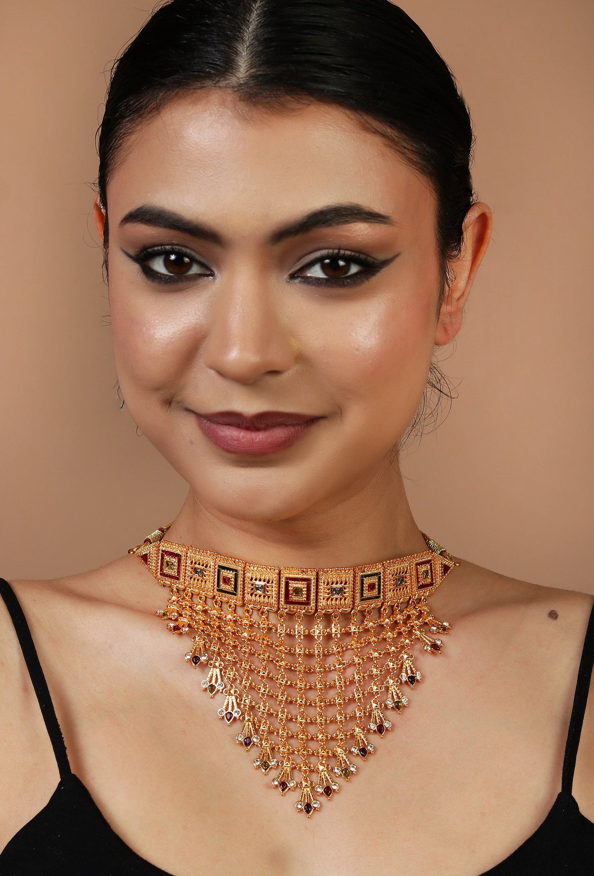 Meenakari Rajwadi Guluband with Gold Jhalar Work