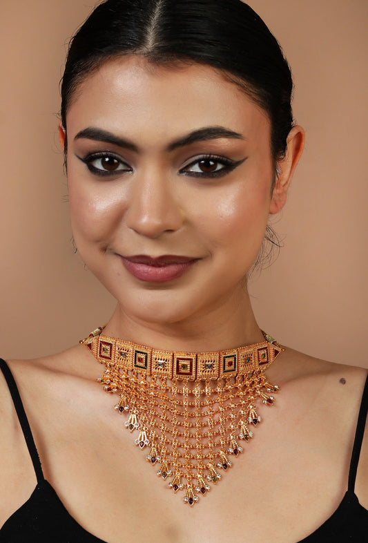 Meenakari Rajwadi Guluband with Gold Jhalar Work