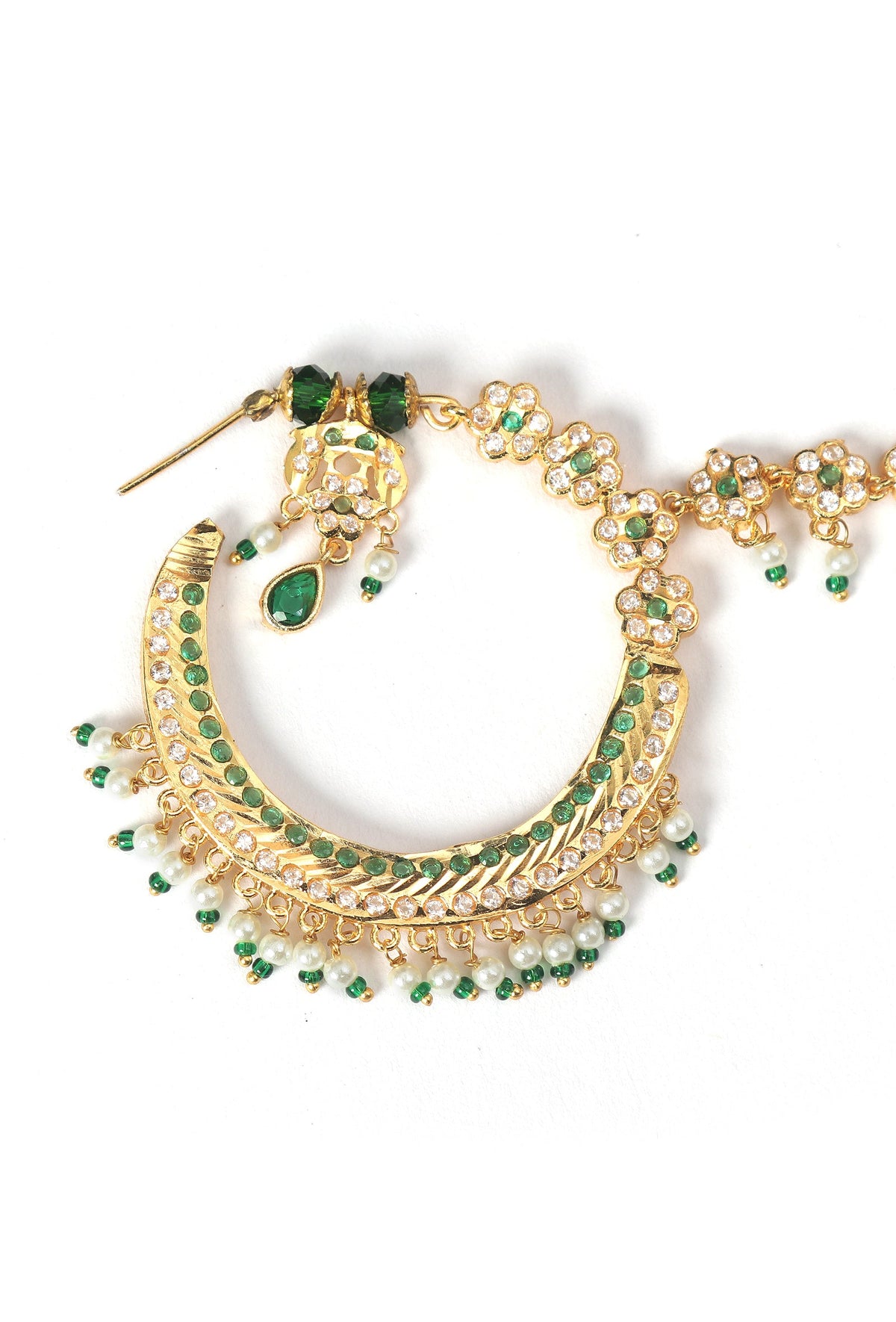 Green Kundan Crescent Nath with Pearl Drops
