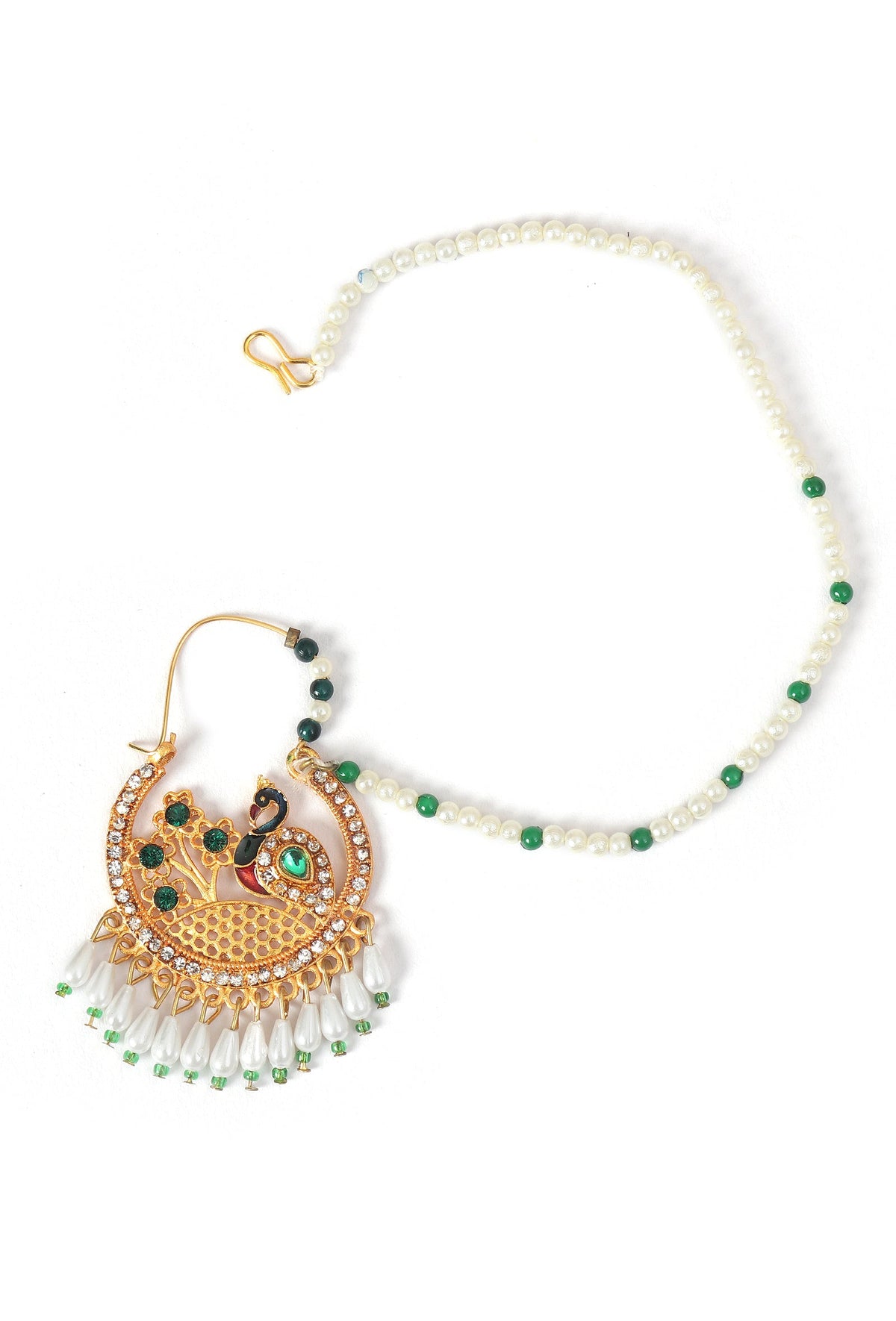 Peacock Green Kundan Nath with Pearl Chain