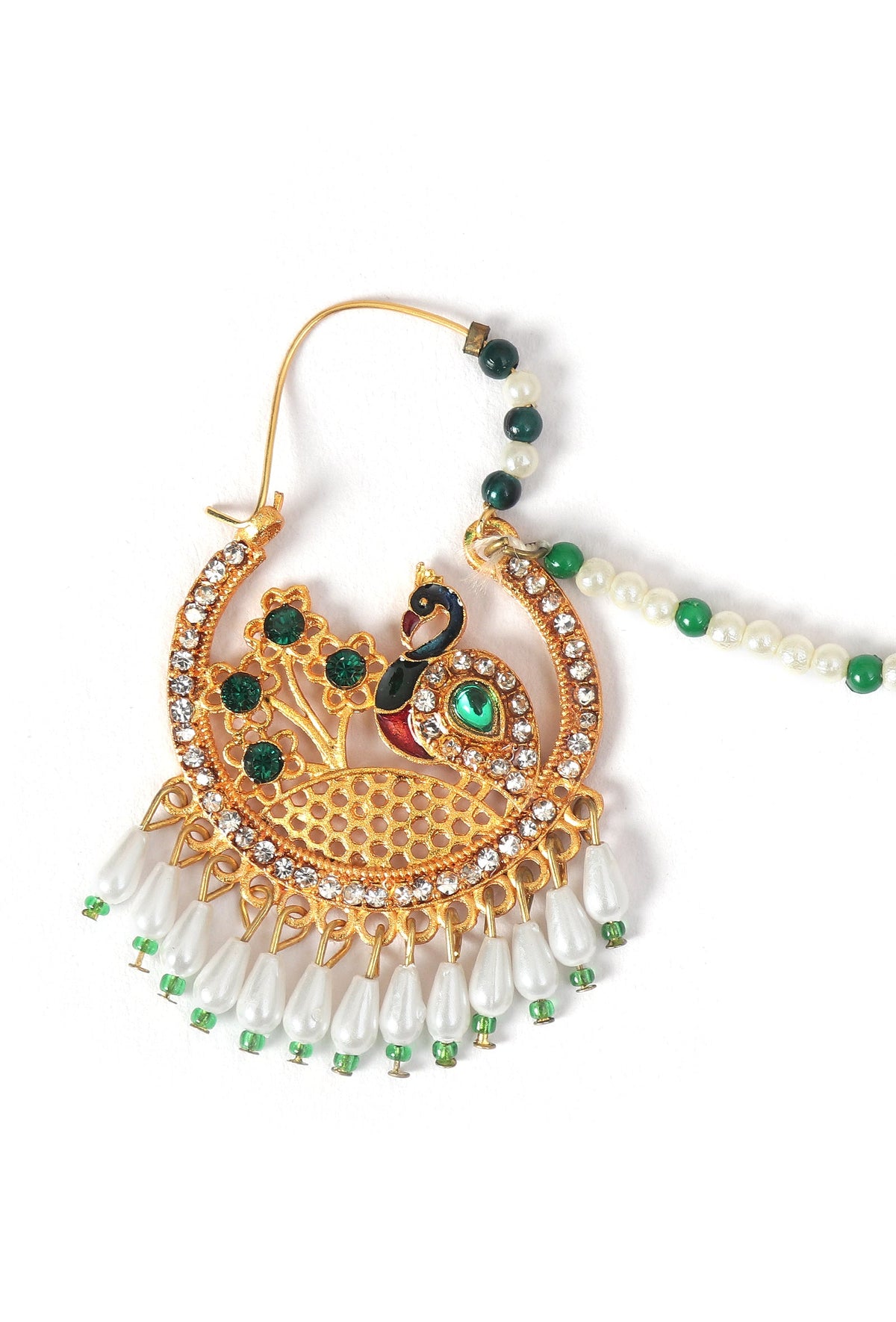 Peacock Green Kundan Nath with Pearl Chain
