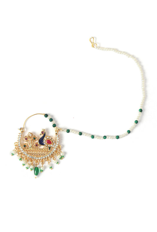 Antique Gold Peacock Kundan Nath with Pearls