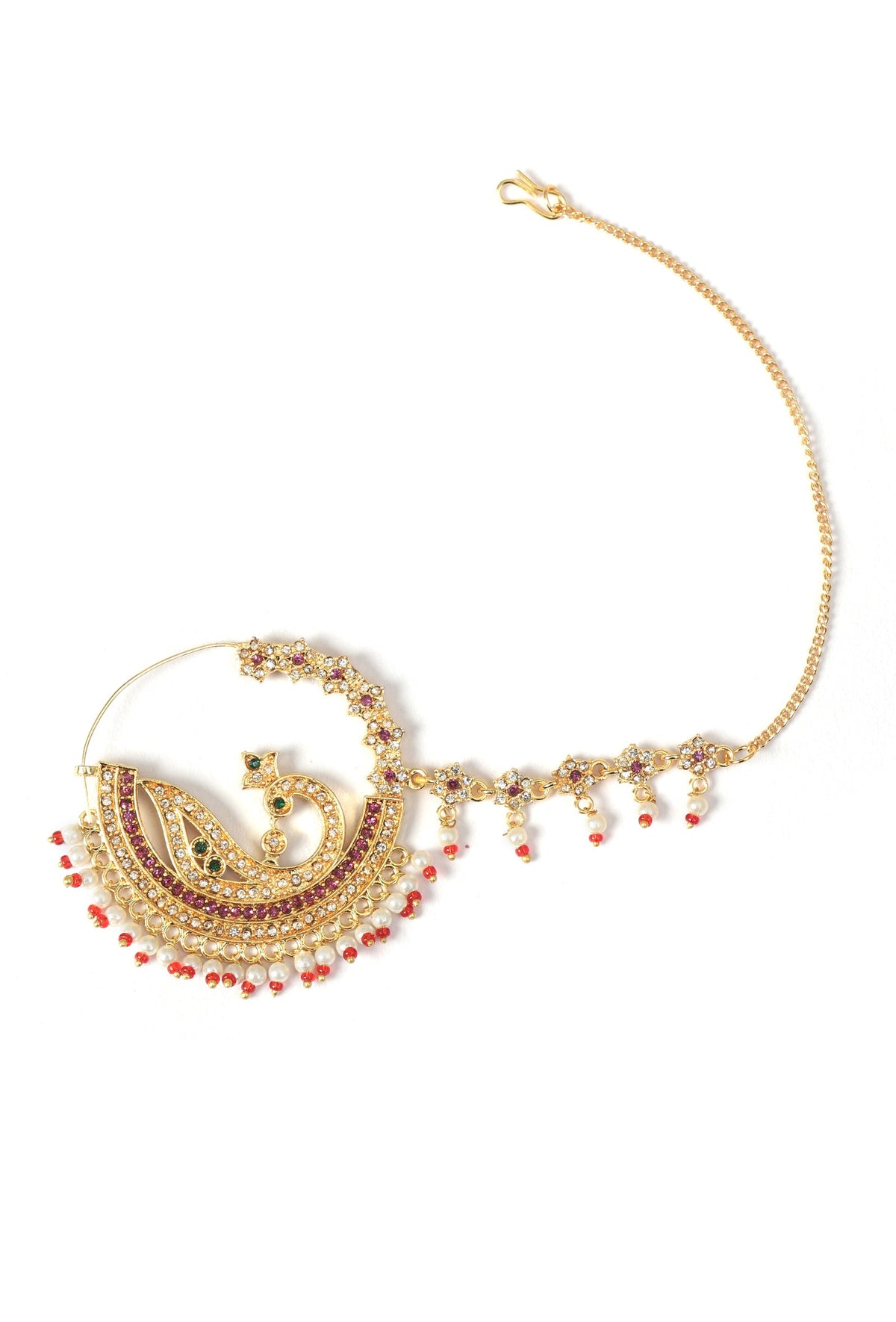 Traditional Bridal Nath Nose Ring with Chain and Pearls