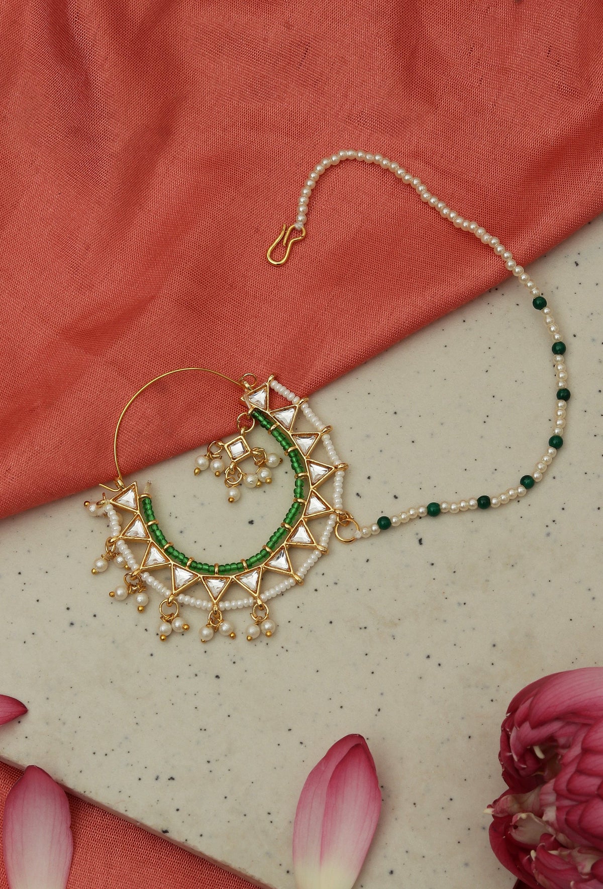 Gold Plated Kundan Nath with Green Beads and Pearl Chain