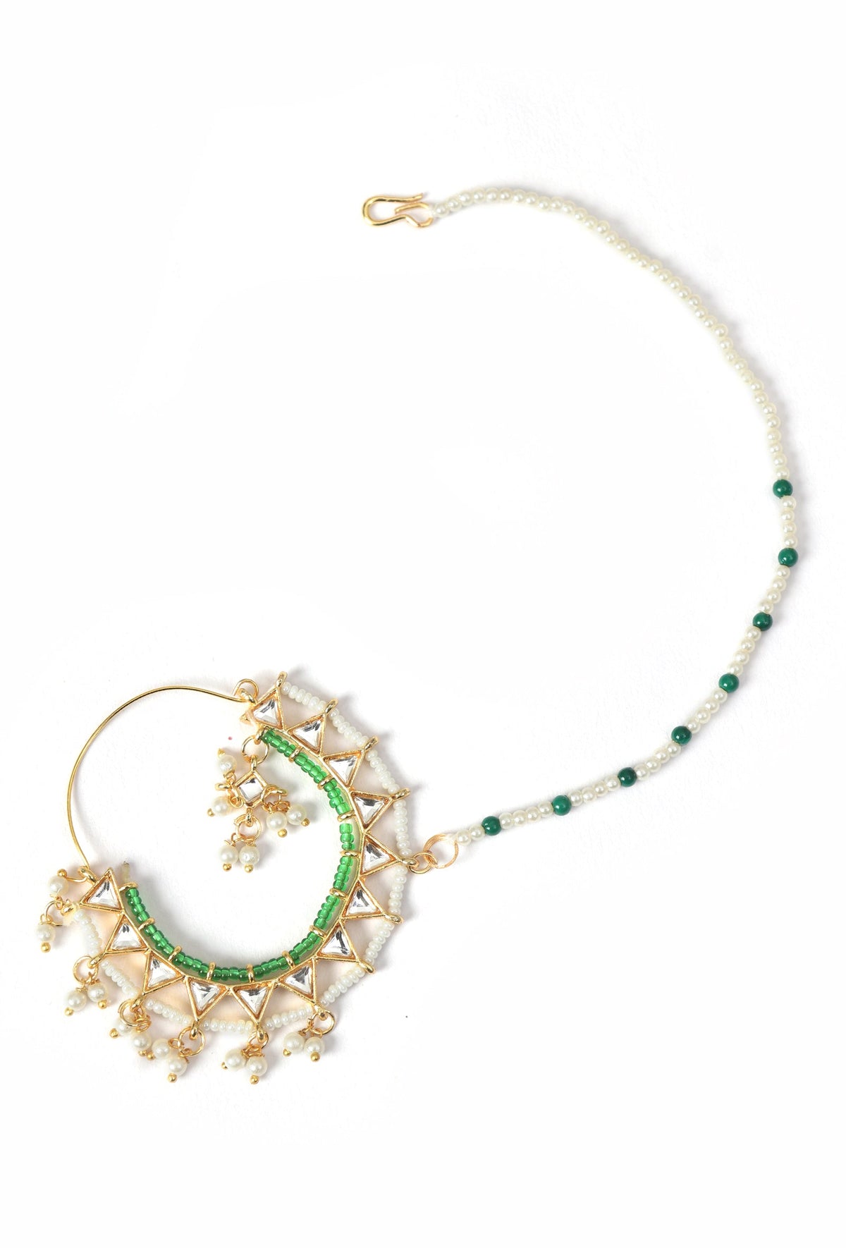 Gold Plated Kundan Nath with Green Beads and Pearl Chain