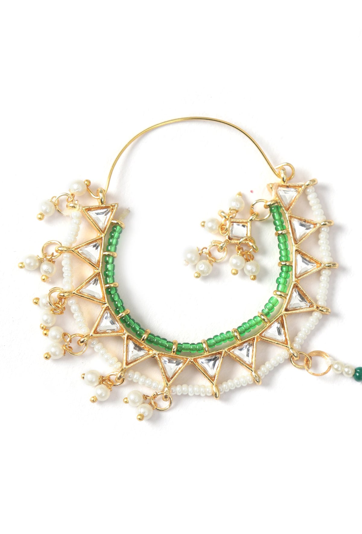 Gold Plated Kundan Nath with Green Beads and Pearl Chain