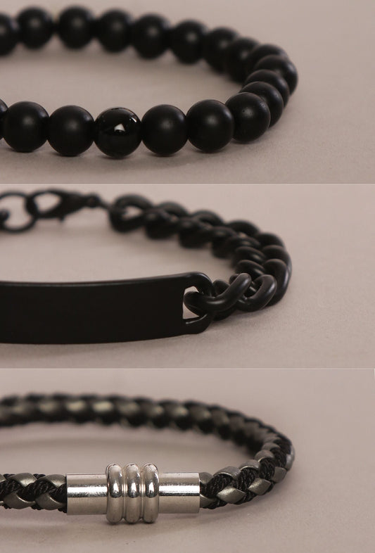 Black Onyx ID Chain Magnetic Clasp Bracelet Set of 3