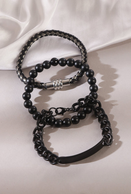 Black Onyx ID Chain Magnetic Clasp Bracelet Set of 3