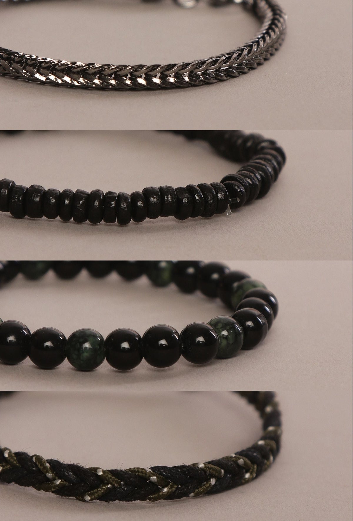 Silver Chain, Wood & Onyx Bracelet Collection - Set of 4