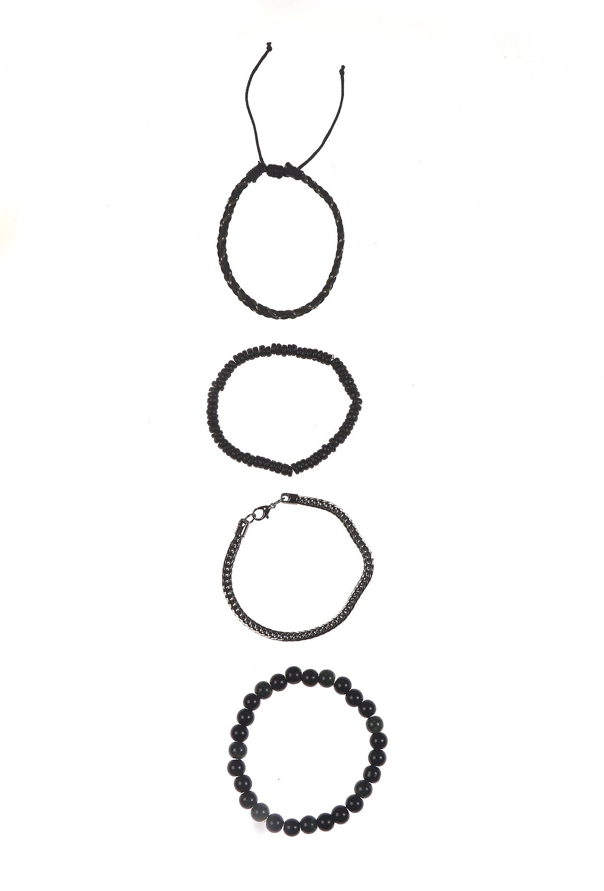 Silver Chain, Wood & Onyx Bracelet Collection - Set of 4