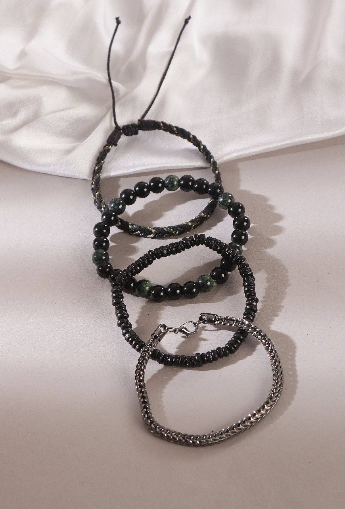 Silver Chain, Wood & Onyx Bracelet Collection - Set of 4
