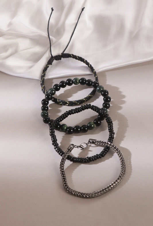 Silver Chain, Wood & Onyx Bracelet Collection - Set of 4