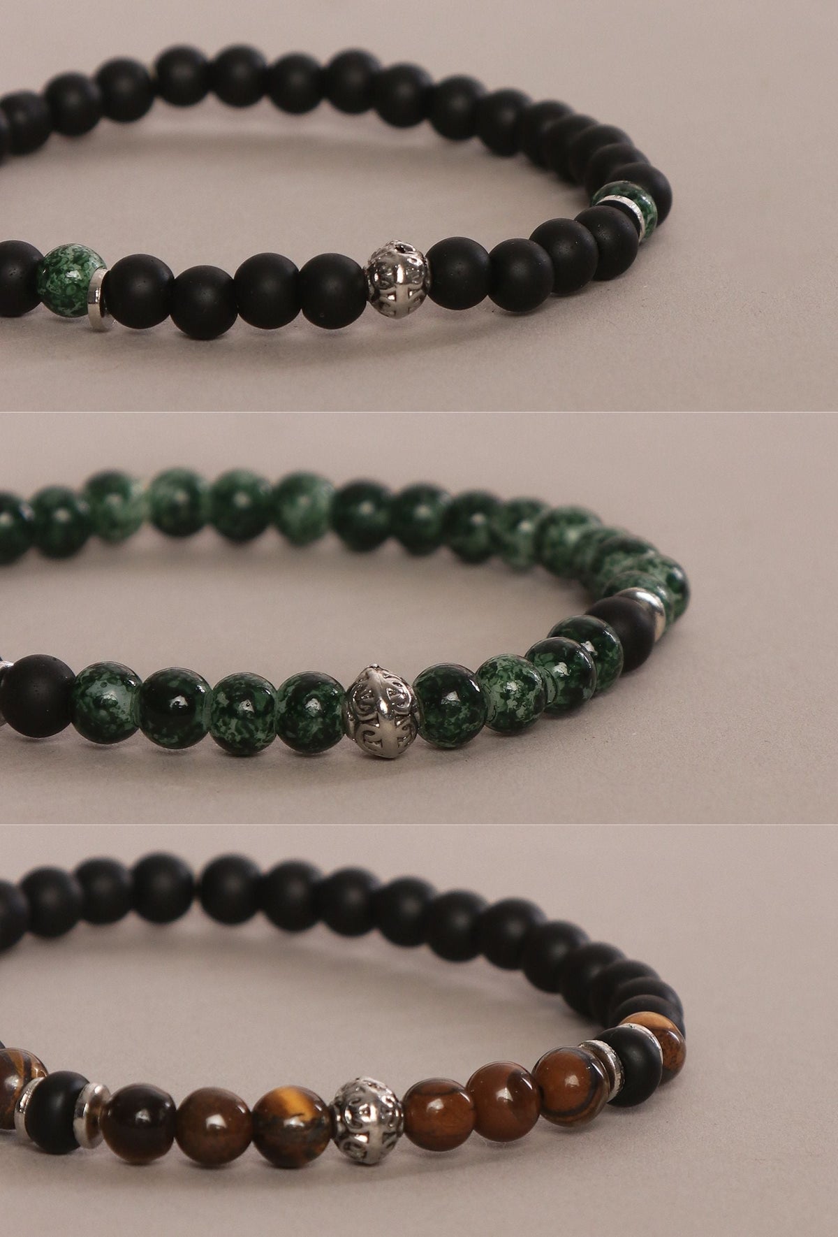 Onyx Tiger Eye Green Jasper & Lava Stone Unisex Bracelet - Set of 3