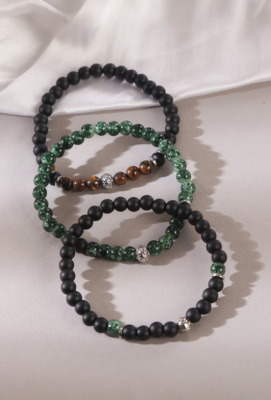 Onyx Tiger Eye Green Jasper & Lava Stone Unisex Bracelet - Set of 3